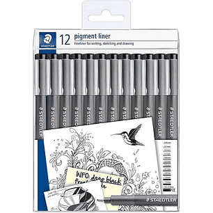 Staedtler Pigment Liner 308 Pack de 12 Rotuladores Calibrados - Tamaños de Puntas Surtidos - Color Negro