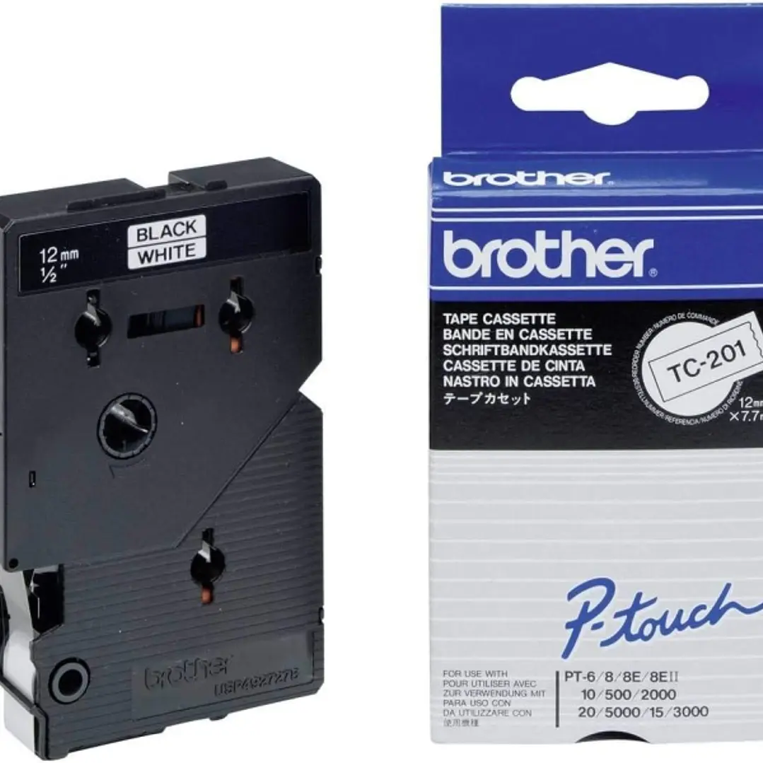 Brother TC201 Cinta Laminada Original para Rotuladora - Texto Negro sobre Fondo Blanco - Ancho 12mm x 7 metros 1