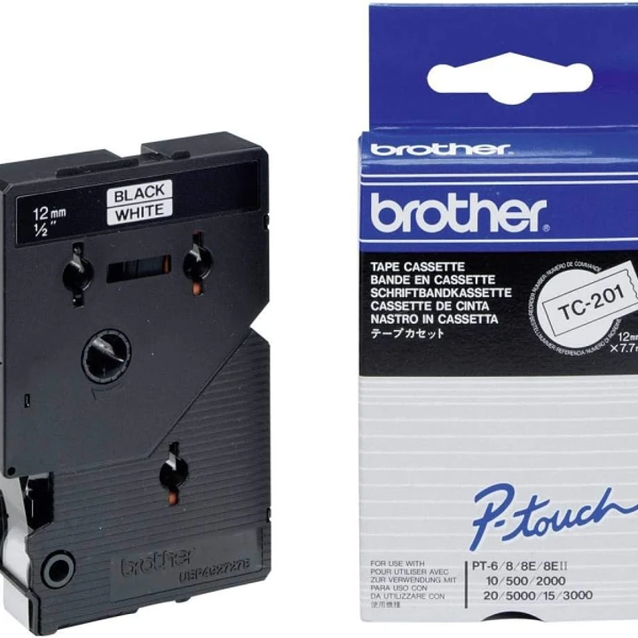 Brother TC201 Cinta Laminada Original para Rotuladora - Texto Negro sobre Fondo Blanco - Ancho 12mm x 7 metros 1