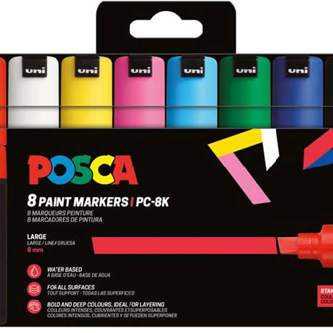 Posca PC-8K/8C Estuche de 8 Marcadores de Pintura - Punta Biselada Acrilica 8mm - Tinta Base al Agua - Resistente a la Luz - Color Surtido 1