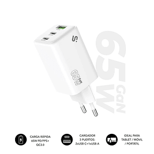 Subblim Cargador de Pared GaN 65W - 3 Puertos (2xUSB-C + 1xUSB-A) -  Carga ultra rápida - Color Blanco