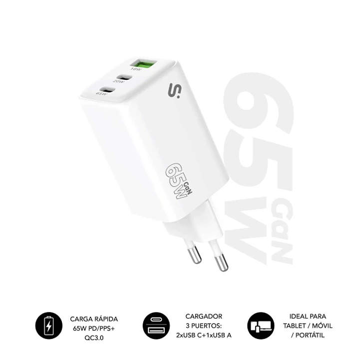 Subblim Cargador de Pared GaN 65W - 3 Puertos (2xUSB-C + 1xUSB-A) -  Carga ultra rápida - Color Blanco 1