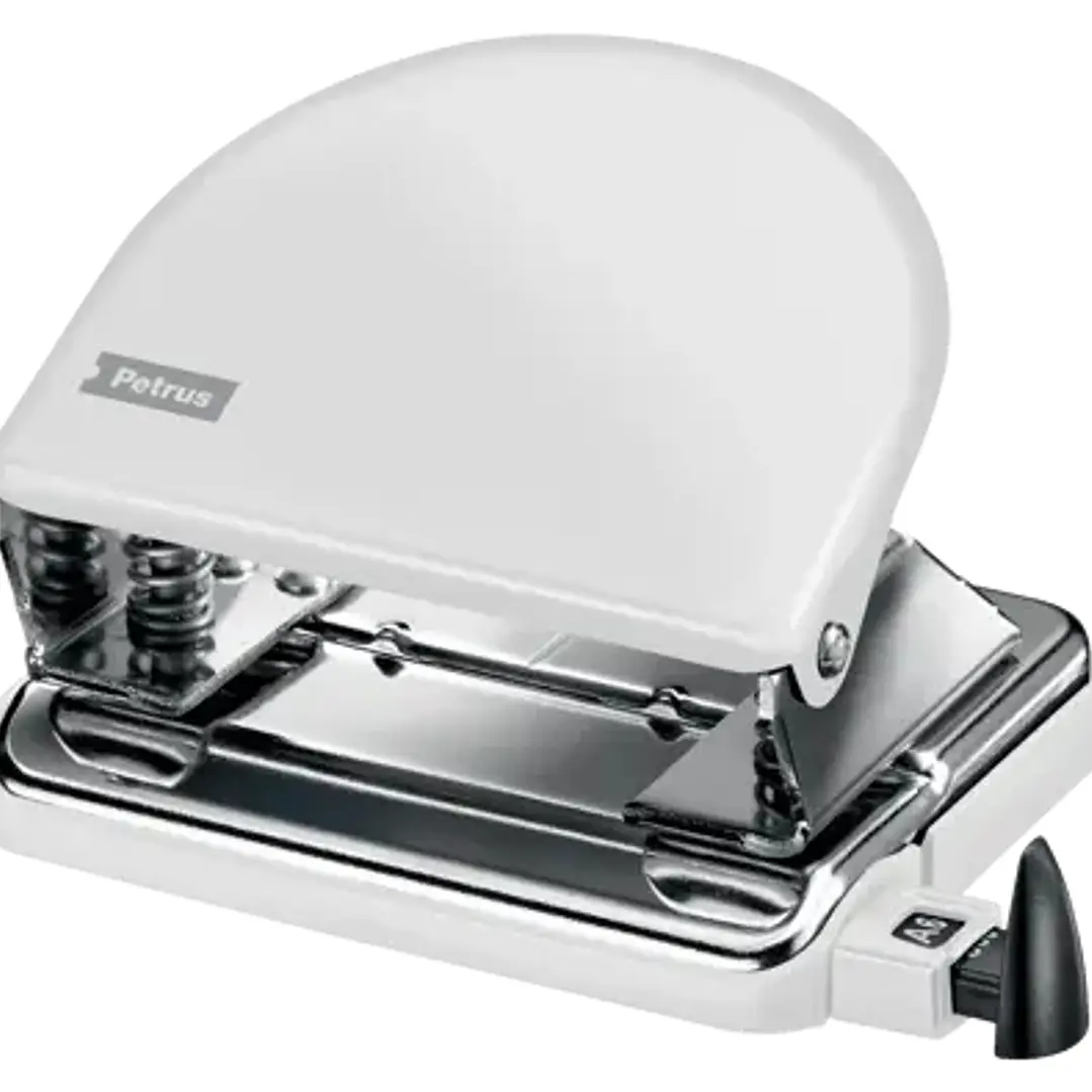 Petrus 52 WOW Taladro Perforador Clasico Metalico - Hasta 20 Hojas - Marcas de Formato - Facil Vaciado - Punzones 5.5mm - Color Blanco Metalizado 1
