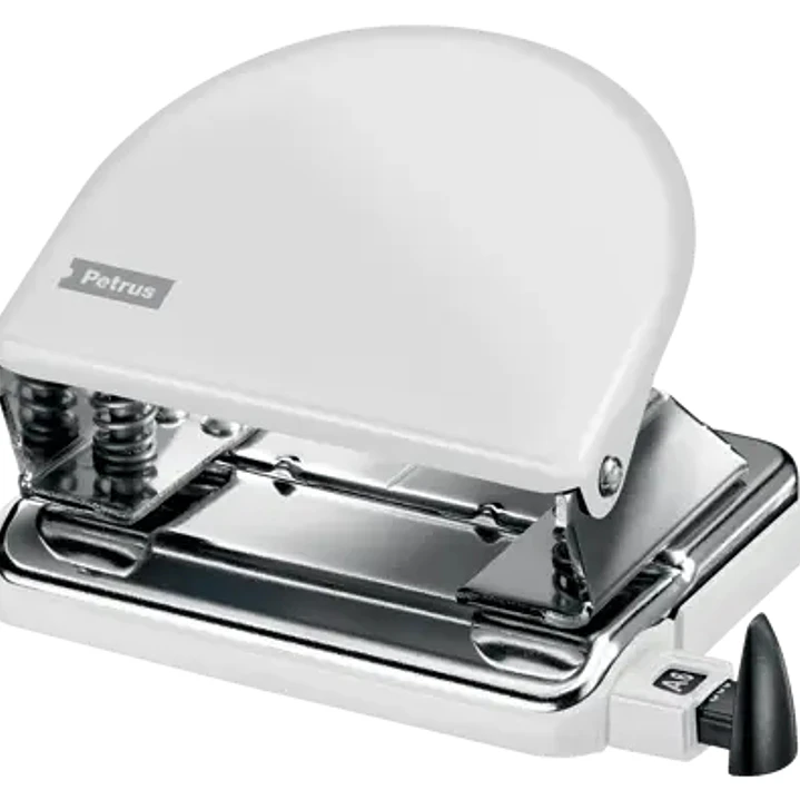 Petrus 52 WOW Taladro Perforador Clasico Metalico - Hasta 20 Hojas - Marcas de Formato - Facil Vaciado - Punzones 5.5mm - Color Blanco Metalizado 1