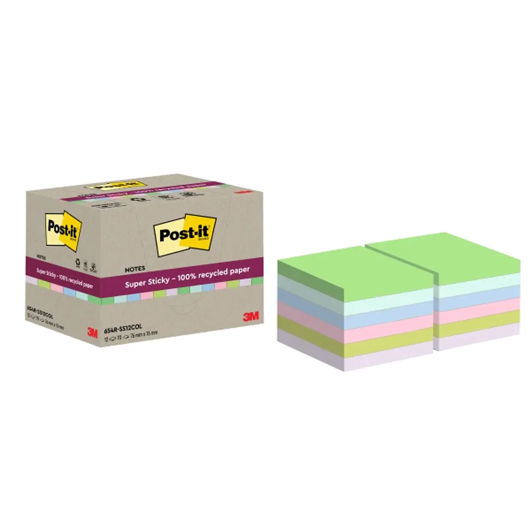 Post-It Super Sticky Pack de 12 Blocs de 70 Notas Adhesivas Recicladas - Forma Cuadrada - 76x76mm - Colores Surtidos 1