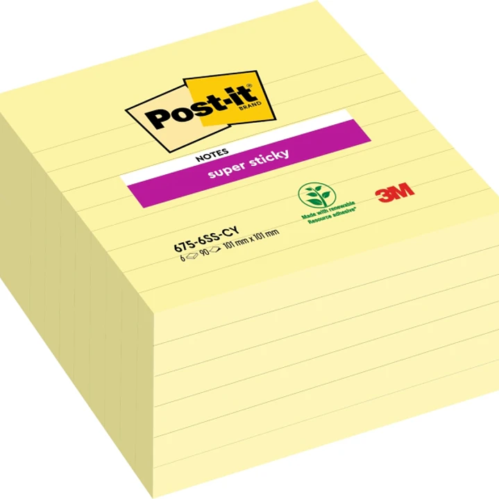 Post-It Super Sticky Pack de 6 Blocs de 90 Notas Grandes Adhesivas Reposicionables - 101x101mm - Color Amarillo Claro 1