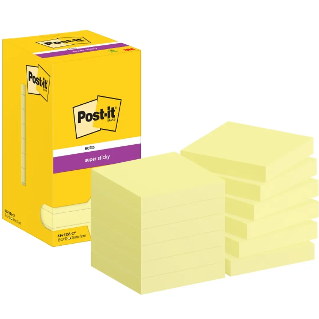 Post-It Super Sticky Pack de 12 Blocs de 90 Notas Adhesivas Reposicionables - 76x76mm - Paquete de Carton - Color Amarillo Claro 1