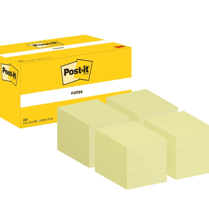 Post-It Pack de 12 Blocs de 100 Notas Adhesivas Reposicionables 38x51mm - Forma Rectangular - Color Amarillo Claro 1