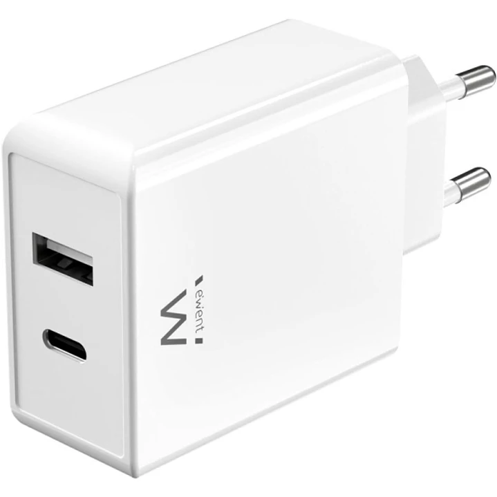 Ewent EW1328 Cargador GaN Universal de Pared 45W Ultrarapido - 1x USB-C PD & PPS, 1x USB-A QC - Color Blanco 1