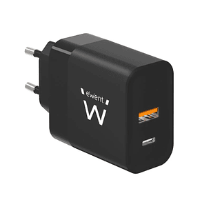 Ewent EW1327 Cargador GaN Universal de Pared 45W Ultrarapido - 1x USB-C PD 3.0 & PPS, 1x USB-A QC 2.0 - Color Negro
