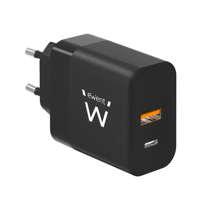 Ewent EW1327 Cargador GaN Universal de Pared 45W Ultrarapido - 1x USB-C PD 3.0 & PPS, 1x USB-A QC 2.0 - Color Negro 1
