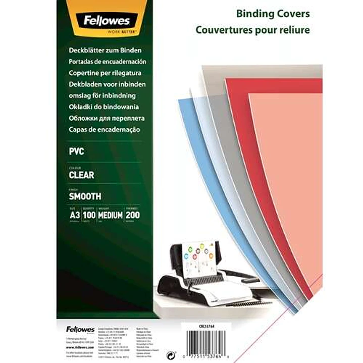 Fellowes Pack de 100 Portadas para Encuadernar de PVC A3 - 200 Micras - Muy Resistentes - Transparente 1