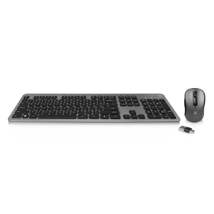 Ewent Pack Teclado + Raton Inalambrico para Oficina - Receptor USB-A 2.4Hz - 1600dpi - Disposicion Inglesa QWERTY US - Incluye Pilas AA/AAA - Teclas S 1