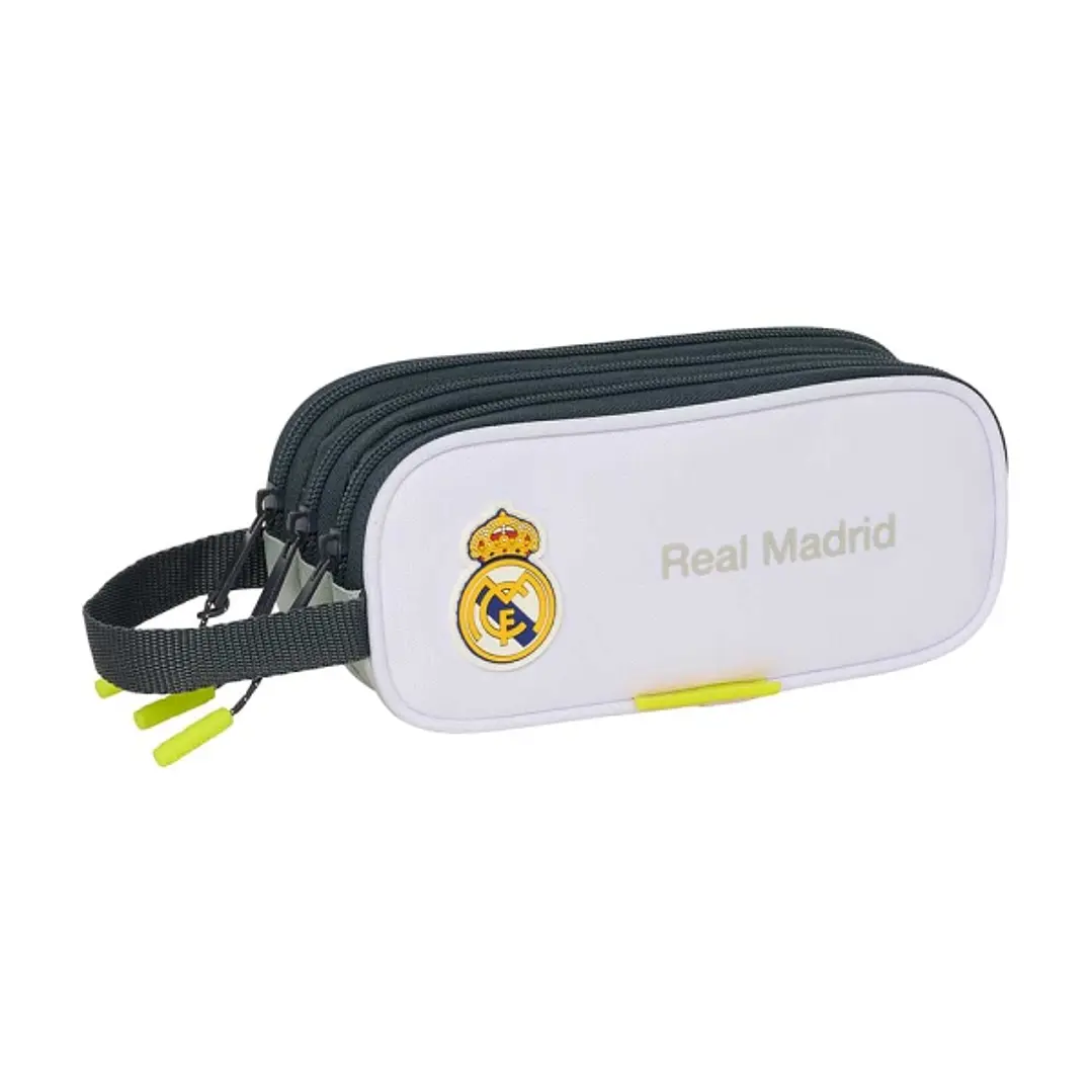 Safta Real Madrid Estuche Portatodo de 1.25L - 3 Compartimentos - Asa de Mano - Cierre de Cremallera - 21x8.5x7cm - Color Blanco y Negro 1