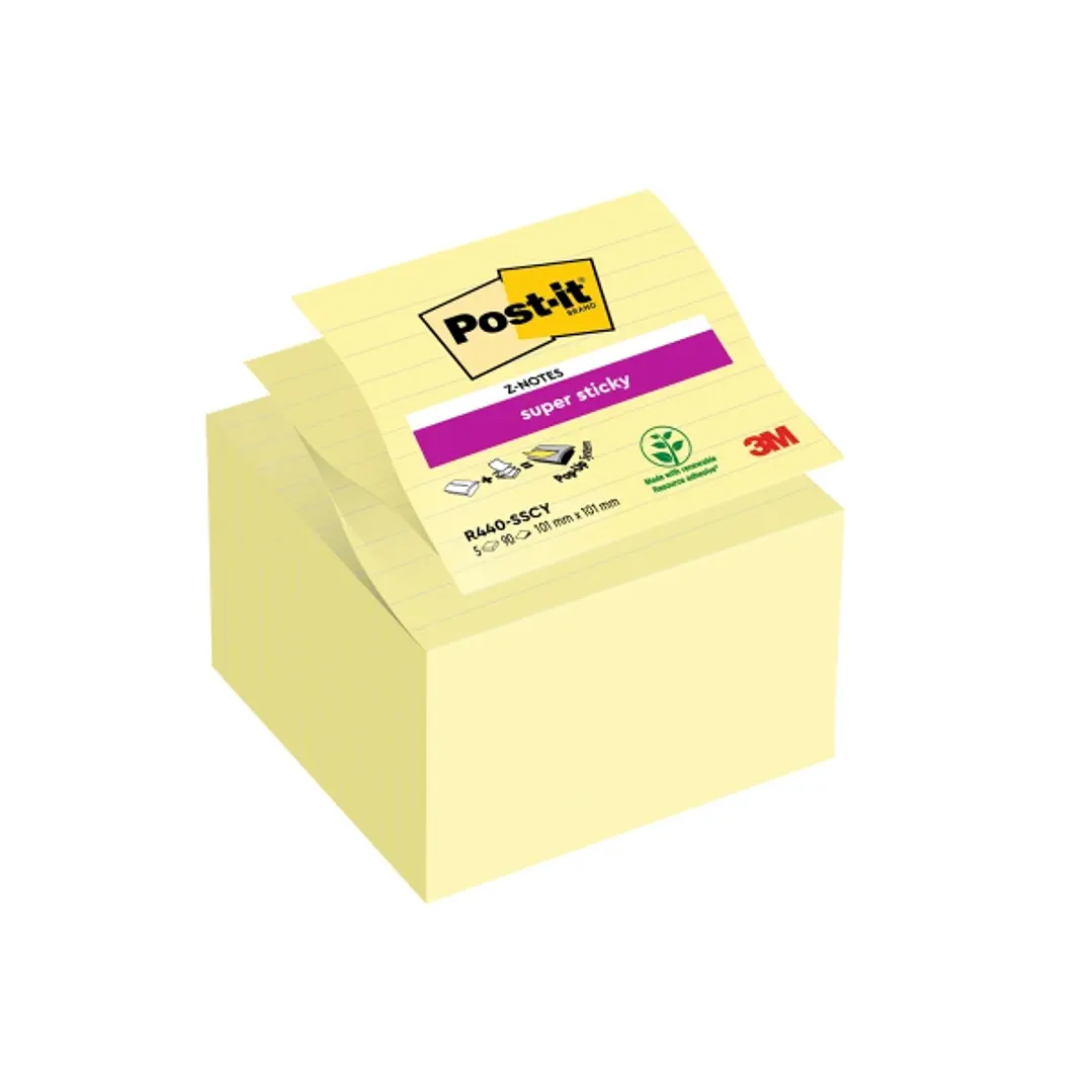 Post-It Super Sticky Pack de 5 Blocs de 90 Z-Notas Grandes Adhesivas Reposicionables Z-Notas Grandes - con Lineas - Color Amarillo Claro 1