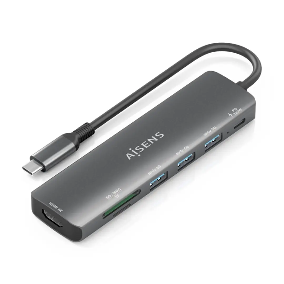 Aisens USB-C Dock 7 en 1 - USB-C a 1xHDMI - 3xUSB-A - 1xUSB-C 100W - 1xSD - 1xMicroSD - 15cm - Color Gris 1