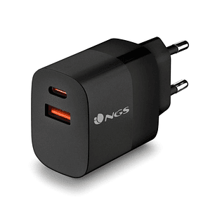 NGS Bud 45W Cargador GaN Universal de Pared 45W Ultrarapido - 1x USB-C PD & PPS, 1x USB-A QC 3.0 - Color Negro