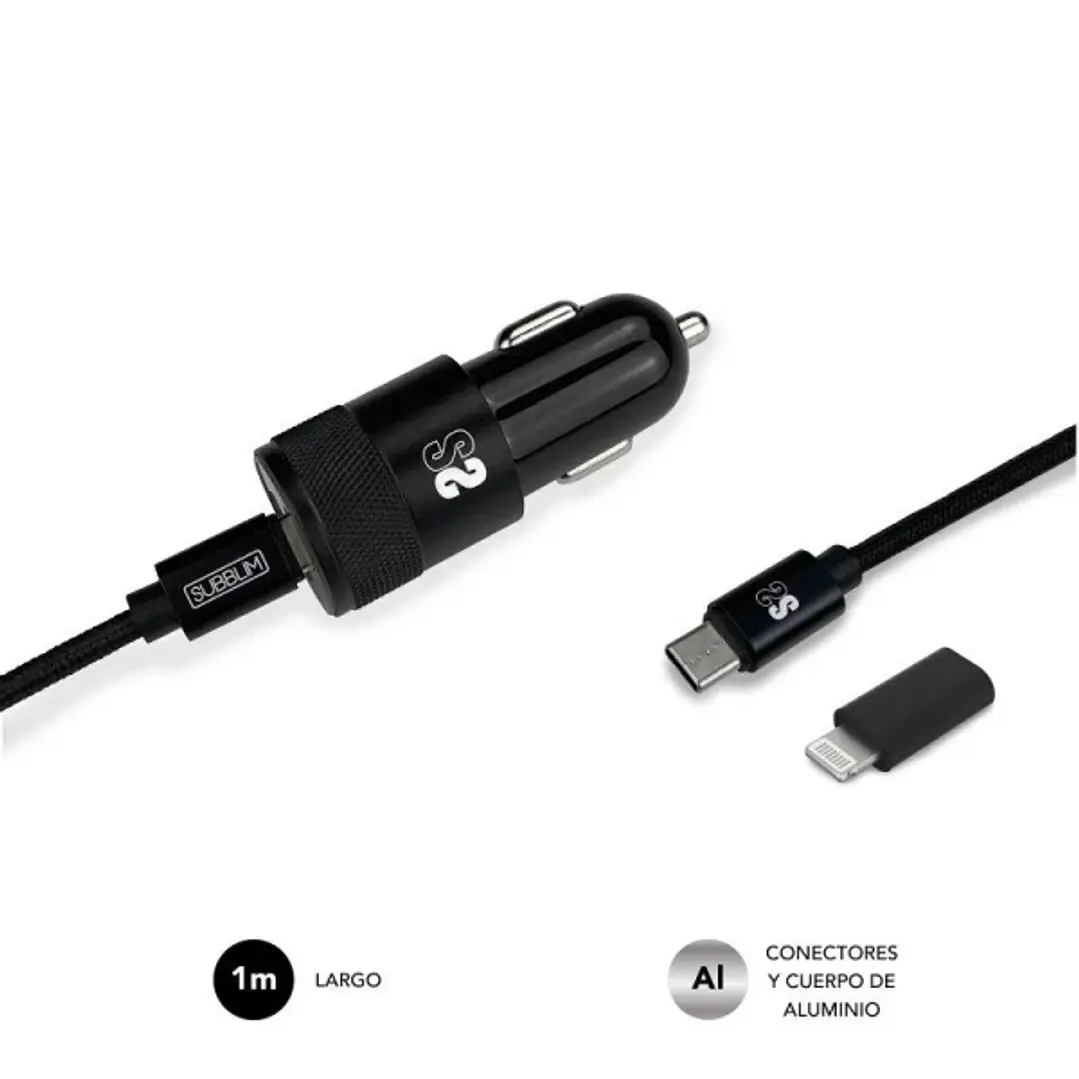 Subblim Cargador Coche Dual PD20W+QC3.0+C to C/Lightning cable - Carga Rápida - 2 Puertos USB C + USB A - Cable USB C reversible con adaptador Lightni 1