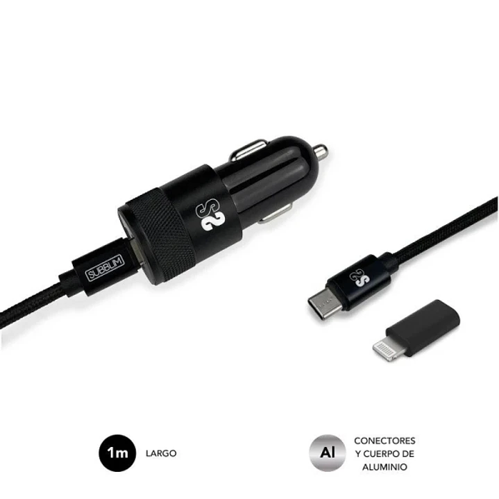 Subblim Cargador Coche Dual PD20W+QC3.0+C to C/Lightning cable - Carga Rápida - 2 Puertos USB C + USB A - Cable USB C reversible con adaptador Lightni 1