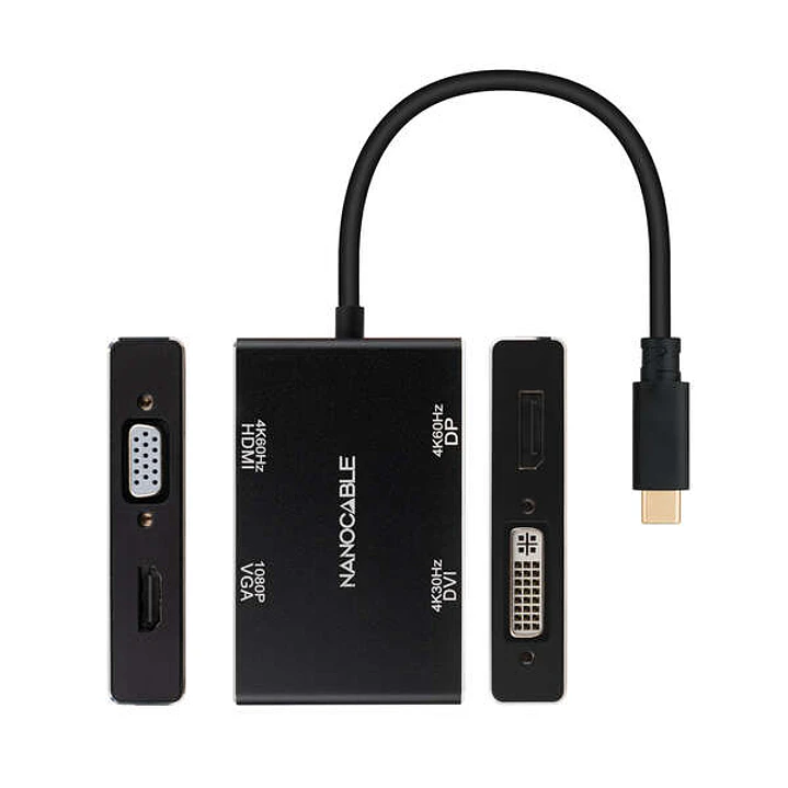 Nanocable Conversor USB-C/M a HDMI/H + DVI/H + DP/H + VGA/H - 10cm - Color Negro 1