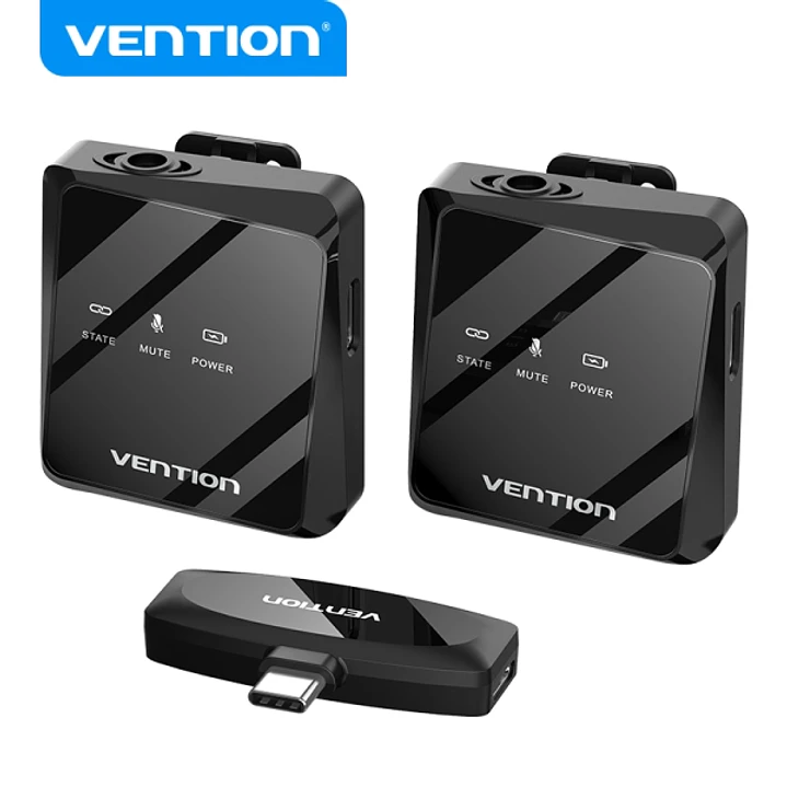 Vention Microfono Clip Inalambrico USB-C - Calidad de Audio 32 kHz - Latencia 20 ms - Bateria 26h - Rango 50m - Cancelacion de Ruido - Color Negro 1