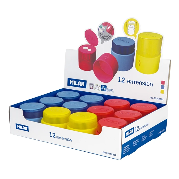 Milan Extension Expositor con 12 Sacapuntas Doble - Regular y Maxi - Deposito Integrado - Cuchilla de Acero de Seguridad - Colores Surtidos 1