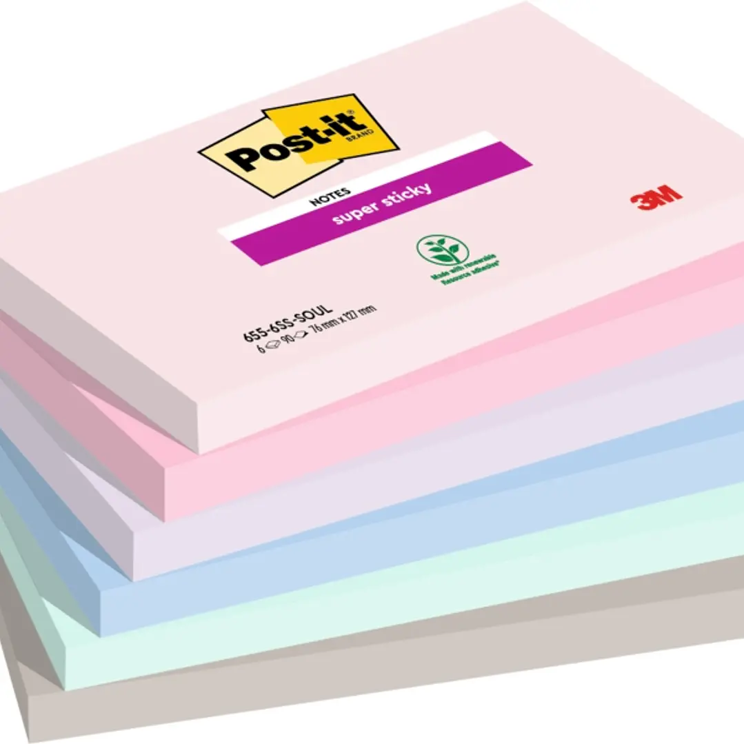 Post-It Super Sticky Pack de 6 Blocs de 90 Notas Adhesivas Reposicionables - Forma Rectangular - 127x76mm - Colores Surtidos 1