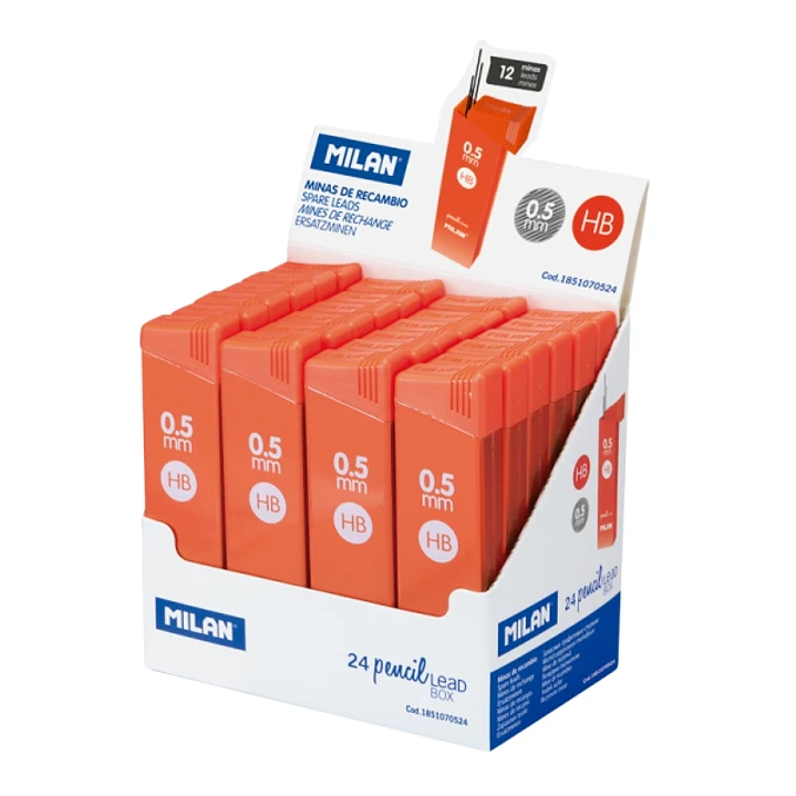 Milan Expositor con 24 Cajas de 12 Minas 0.5mm - Dureza HB - Color Naranja 1