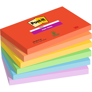 Post-It Super Sticky Pack de 6 Blocs de 90 Notas Adhesivas Reposicionables - Forma Rectangular - 127x76mm - Colores Surtidos