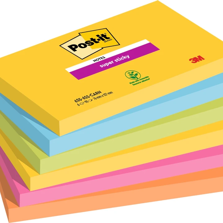 Post-It Super Sticky Pack de 6 Blocs de 90 Notas Adhesivas Reposicionables - Forma Rectangular - Colores Surtidos 1