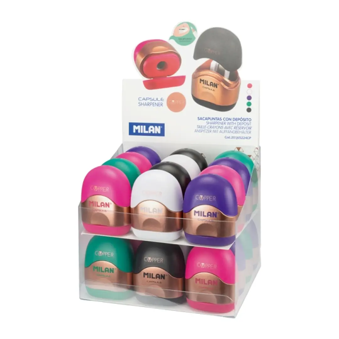 Milan Capsule Copper Expositor con 16 Afilaborras - Deposito Integrado - Cuchilla de Acero de Seguridad - Colores Surtidos 1