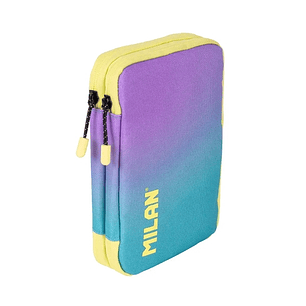 Milan Sunset Estuche de 2 Pisos con 2 Gomas de Borrar, Sacapuntas, Lapiz, Boligrafo P1+ Azul, Regla, 12 Lapices de Colores y 18 Rotuladores