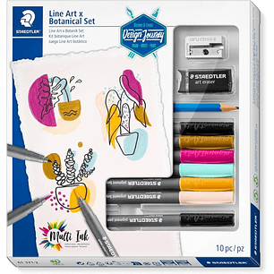 Staedtler Line Art & Botanical Set Design Journey Pack con 6 Rotuladores Pigment Art en Colores Surtidos, Lapiz, Goma de Borrar y Afilalapices