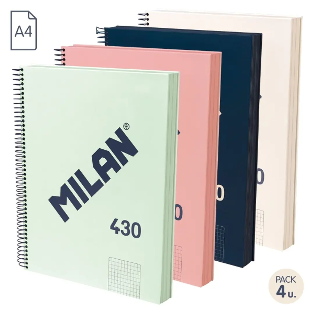 Milan Serie 1918 Pack de 4 Cuadernos Espiral Formato A4 Cuadricula 5x5mm - 120 Hojas de 95 gr/m2 - Microperforado, 4 Taladros - Colores Surtidos 1
