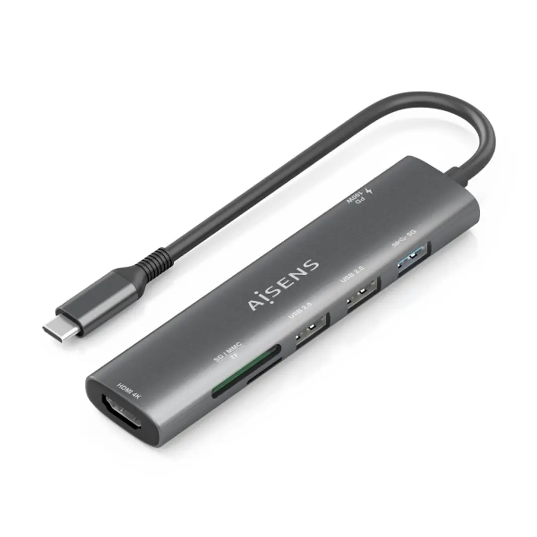 Aisens USB-C Dock 7 en 1 - USB-C a 1xHDMI - 2xUSB-A 2.0 - 1xUSB-A 3.0 - 1xUSB-C 100W - 1xSD - 1xMicroSD - 15cm - Color Gris 1