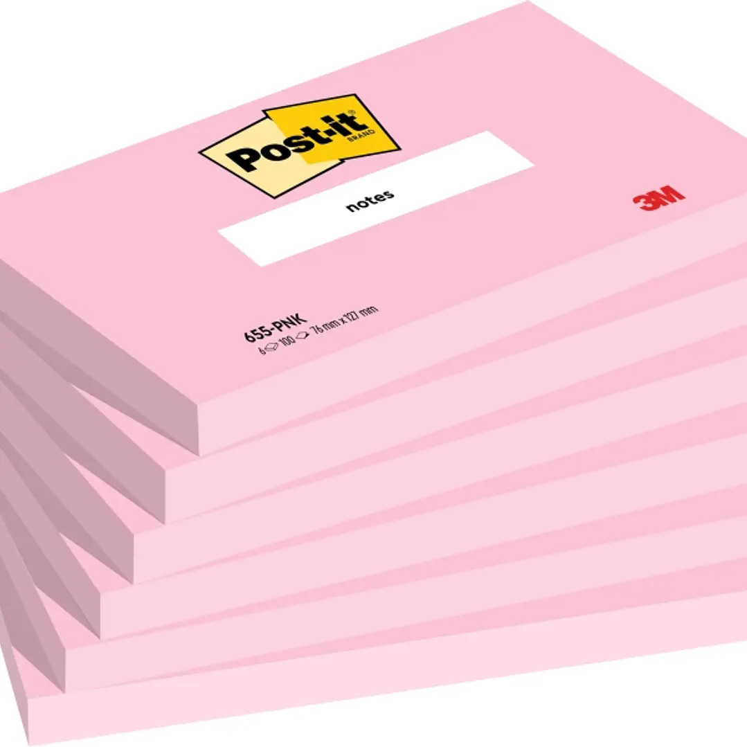 Post-It Pack de 6 Blocs de 100 Notas Adhesivas Reposicionables - Forma Rectangular - 76x127mm - Color Rosa 1