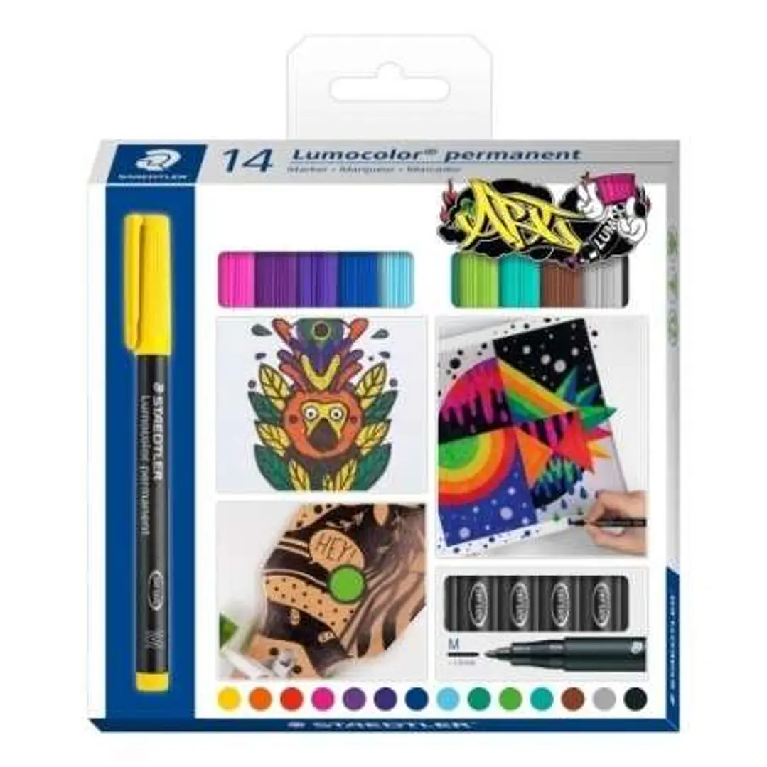 Staedtler Lumocolor 317 Pack de 14 Rotuladores Permanentes - Punta Media Redonda - Trazo 1mm Aprox - Capuchon con Clip - Secado Rapido - Colores Surti 1