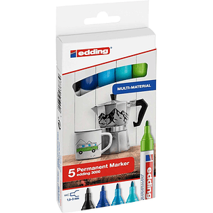 Edding 3000 Pack de 5 Rotuladores Permanentes Colores Frios - Punta Redonda de 1.5mm - Trazo entre 1.5 y 3mm - Recargable - Secado Rapido - Colores Su