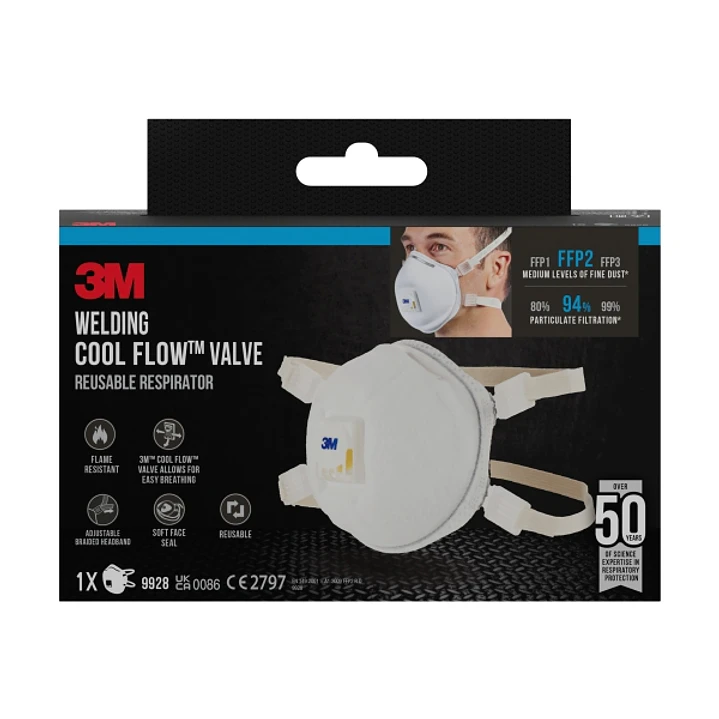 3M Mascarilla para Particulas FFP2 - con Valvula - Especial Soldadura - Reutilizable - para Niveles Medios de Particulas - Color Blanco 1