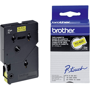 Brother TC601 Cinta Laminada Original para Rotuladora - Texto Negro sobre Fondo Amarillo - Ancho 12mm x 7 metros