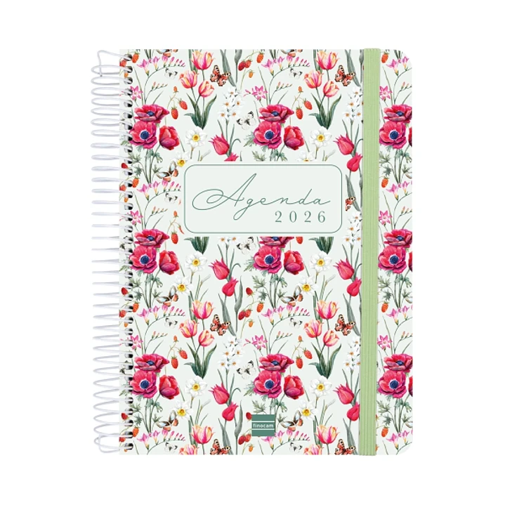 Finocam Cloe Agenda de Espiral en Catalan - Anual 2026 - Planificador - Cierre de Goma - Formato E10 - 175x28x214mm - 1 Dia por Pagina - Color Verde 1