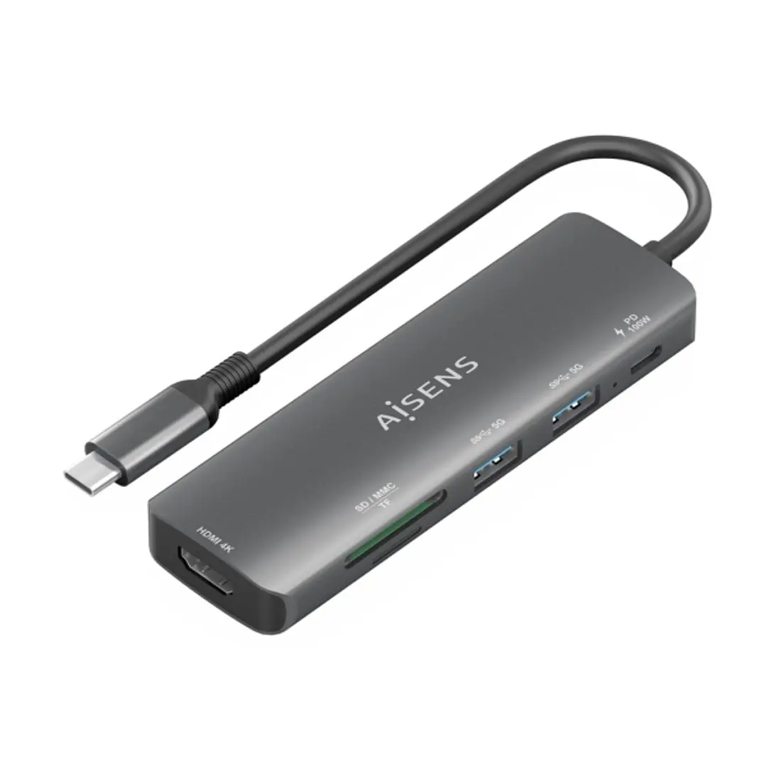 Aisens USB-C Dock 6 en 1 - USB-C a 1xHDMI - 2xUSB-A - 1xUSB-C PD 100W - 1xSD - 1xMicroSD - 15cm - Color Gris 1