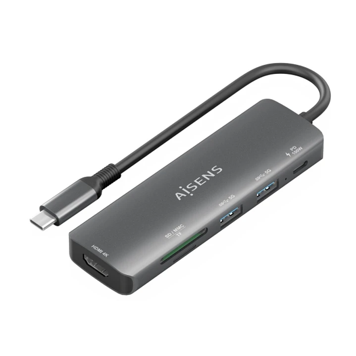 Aisens USB-C Dock 6 en 1 - USB-C a 1xHDMI - 2xUSB-A - 1xUSB-C PD 100W - 1xSD - 1xMicroSD - 15cm - Color Gris 1