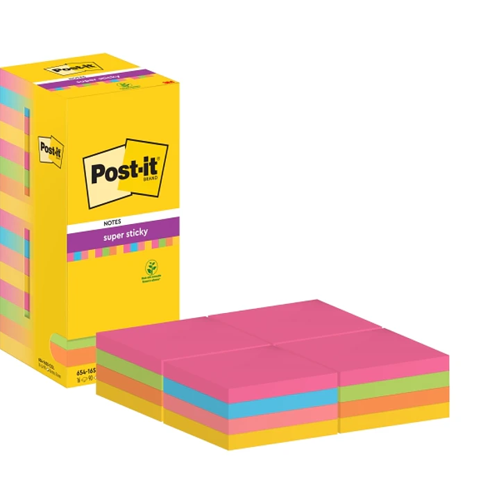 Post-It Super Sticky Pack de 16 Blocs de 90 Notas Adhesivas Reposicionables - 76x76mm - 100% PEFC - Colores Surtidos 1