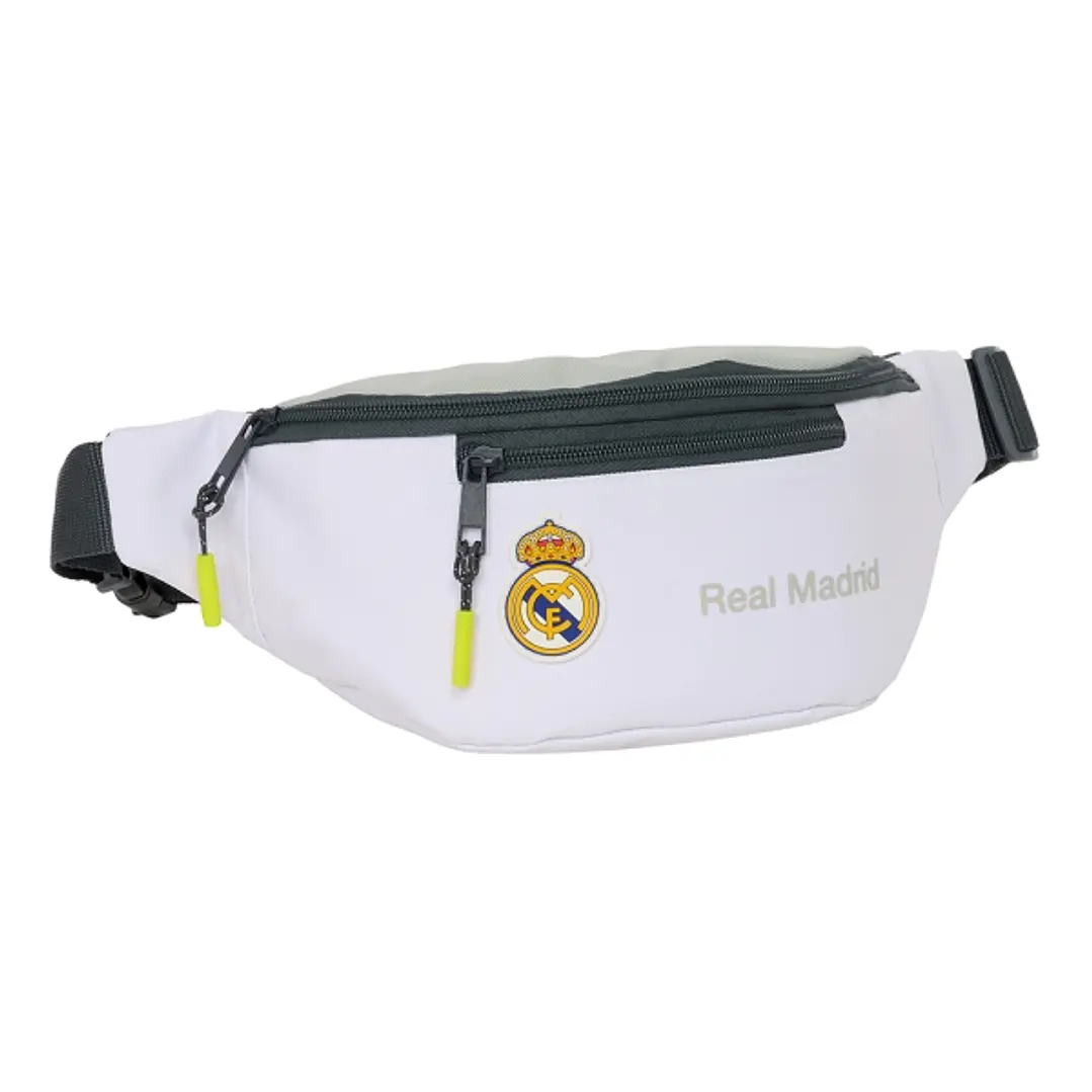 Safta Real Madrid 1ª Equipacion 24/25 Bolsa de Cintura - 2 Compartimentos - Ajustable - 23x12x9cm - Color Blanco/Negro 1