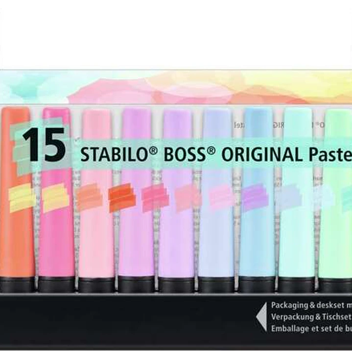Stabilo Boss 70 Pack de Escritorio de 15 Marcadores Fluorescente - Practica Base para Escritorio - Trazo entre 2 y 5mm - Recargable - Tinta con Base d 1