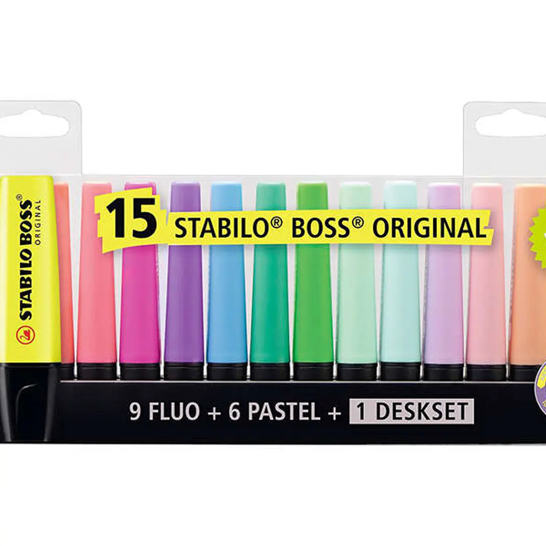 Stabilo Boss 70 Pack de Escritorio de 15 Marcadores Fluorescente - Practica Base para Escritorio - Trazo entre 2 y 5mm - Recargable - Tinta con Base d 1