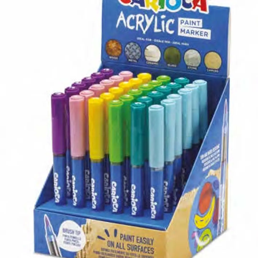 Carioca Acrylic Expositor con 36 Marcadores de Pintura Acrilica - Punta Pincel - Tinta a Base de Agua - Alta Cobertura - Colores Surtidos 1