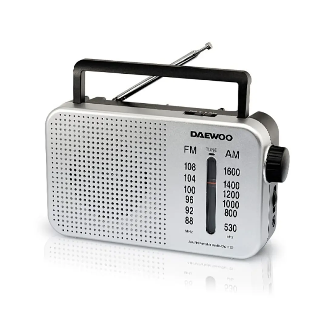 Daewoo Radio AM/FM - Cable 15cm - Jack 3.5mm - Antena Telescopica - Altavoz Integrado - Asa de Transporte - 22x7.5x15cm - Color Gris 1