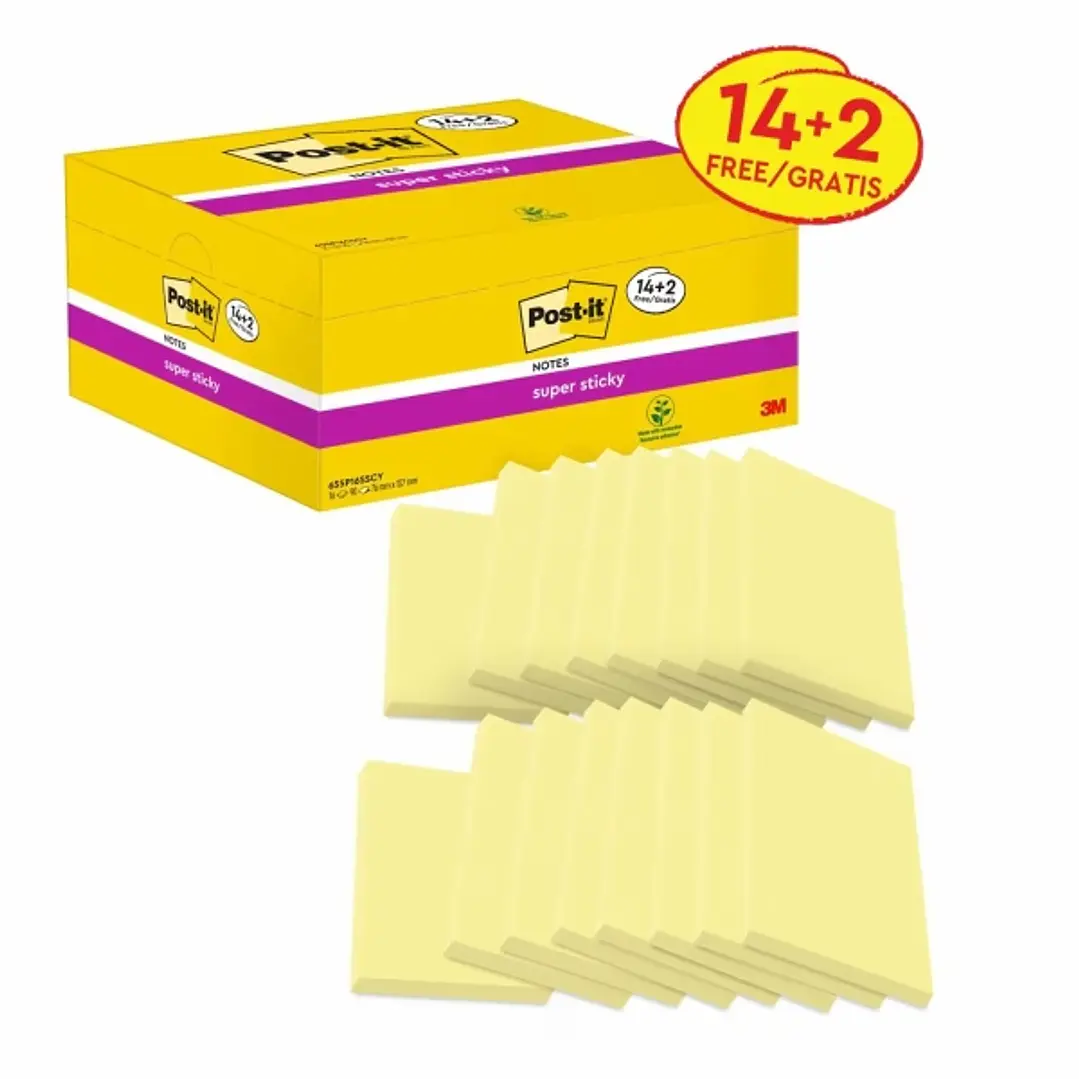 Post-It Super Sticky Pack de 16 Blocs de 90 Notas Adhesivas Reposicionables - Forma Rectangular - 76x127mm - Color Amarillo Claro 1